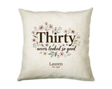 30th Birthday Gift for Women - Personalised Cushion Age Thirty Floral Design BGA30
