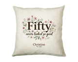 50th Birthday Gift for Women - Personalised Cushion Age Fifty Floral Design BGA50