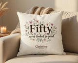 50th Birthday Gift for Women - Personalised Cushion Age Fifty Floral Design BGA50
