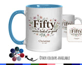 50th Birthday Gift for Her Women - Personalised Coffee Mug Coaster Fifty Floral Design BGA50