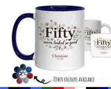 50th Birthday Gift for Her Women - Personalised Coffee Mug Coaster Fifty Floral Design BGA50