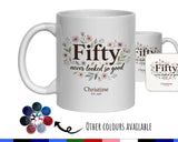 50th Birthday Gift for Her Women - Personalised Coffee Mug Coaster Fifty Floral Design BGA50