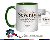 70th Birthday Gift for Her Women - Personalised Coffee Mug Coaster Seventy Floral Design BGA70