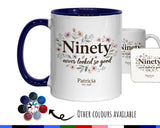 90th Birthday Gift for Her Women - Personalised Coffee Mug Coaster Ninety Floral Design BGA90