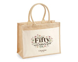50th Birthday Gift For Women - Personalised Jute Tote Bag Floral - Fifty Shopping Bag BGA50