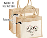 60th Birthday Gift For Women - Personalised Jute Tote Bag Floral - Sixty Shopping Bag BGA60