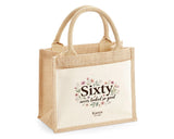 60th Birthday Gift For Women - Personalised Jute Tote Bag Floral - Sixty Shopping Bag BGA60