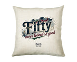 50th Birthday Gift for Men - Personalised Cushion Age 50 Masculine Vintage Design - Gift for Dad Husband Fifty Never Looked So Good BGB50