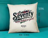 70th Birthday Gift for Men - Personalised Cushion Age 70 Masculine Vintage Design - Gift for Dad Husband Seventy Never Looked So Good BGB70