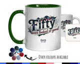 50th Birthday Gift for Men - Personalised Coffee Mug Coaster 50 Retro Vintage Design - Gift for Him Fifty Never Looked So Good BGB50