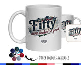 50th Birthday Gift for Men - Personalised Coffee Mug Coaster 50 Retro Vintage Design - Gift for Him Fifty Never Looked So Good BGB50
