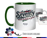 70th Birthday Gift for Men - Personalised Coffee Mug Coaster 70 Retro Vintage Design - Gift for Him Seventy Never Looked So Good BGB70