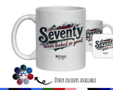 70th Birthday Gift for Men - Personalised Coffee Mug Coaster 70 Retro Vintage Design - Gift for Him Seventy Never Looked So Good BGB70