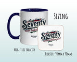 70th Birthday Gift for Men - Personalised Coffee Mug Coaster 70 Retro Vintage Design - Gift for Him Seventy Never Looked So Good BGB70