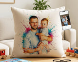 Personalised Gift for New Dad - Watercolour Ink Splash Portrait Cushion - First Father’s Day