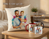 Personalised Gift for New Dad - Watercolour Ink Splash Portrait Cushion - First Father’s Day