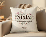 60th Birthday Gift for Women - Personalised Cushion Age Sixty Floral Design BGA60