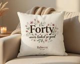 40th Birthday Gift for Women - Personalised Cushion Age Forty Floral Design BGA40