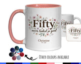 50th Birthday Gift for Her Women - Personalised Coffee Mug Coaster Fifty Floral Design BGA50