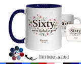 60th Birthday Gift for Her Women - Personalised Coffee Mug Coaster Sixty Floral Design BGA60