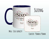 60th Birthday Gift for Her Women - Personalised Coffee Mug Coaster Sixty Floral Design BGA60