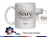 60th Birthday Gift for Her Women - Personalised Coffee Mug Coaster Sixty Floral Design BGA60