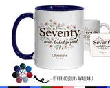 70th Birthday Gift for Her Women - Personalised Coffee Mug Coaster Seventy Floral Design BGA70