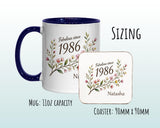 40th Birthday Gift for Her Women - Personalised Coffee Mug Coaster Forty Floral Design BGD40