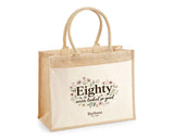 80th Birthday Gift For Women - Personalised Jute Tote Bag Floral - Eighty Shopping Bag BGA80