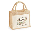 100th Birthday Gift For Women - Personalised Jute Tote Bag Floral - Hundredth Shopping Bag BGD100
