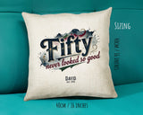 50th Birthday Gift for Men - Personalised Cushion Age 50 Masculine Vintage Design - Gift for Dad Husband Fifty Never Looked So Good BGB50