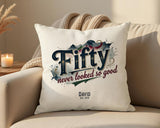 50th Birthday Gift for Men - Personalised Cushion Age 50 Masculine Vintage Design - Gift for Dad Husband Fifty Never Looked So Good BGB50
