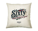60th Birthday Gift for Men - Personalised Cushion Age 60 Masculine Vintage Design - Gift for Dad Husband Sixty Never Looked So Good BGB60