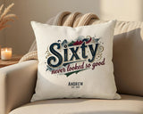60th Birthday Gift for Men - Personalised Cushion Age 60 Masculine Vintage Design - Gift for Dad Husband Sixty Never Looked So Good BGB60