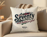 70th Birthday Gift for Men - Personalised Cushion Age 70 Masculine Vintage Design - Gift for Dad Husband Seventy Never Looked So Good BGB70