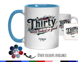 30th Birthday Gift for Men - Personalised Coffee Mug Coaster 30 Retro Vintage Design - Gift for Him Thirty Never Looked So Good BGB30