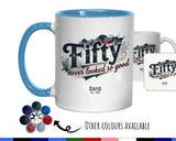 50th Birthday Gift for Men - Personalised Coffee Mug Coaster 50 Retro Vintage Design - Gift for Him Fifty Never Looked So Good BGB50