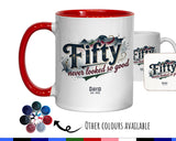 50th Birthday Gift for Men - Personalised Coffee Mug Coaster 50 Retro Vintage Design - Gift for Him Fifty Never Looked So Good BGB50