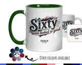 60th Birthday Gift for Men - Personalised Coffee Mug Coaster 60 Retro Vintage Design - Gift for Him Sixty Never Looked So Good BGB60