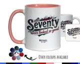 70th Birthday Gift for Men - Personalised Coffee Mug Coaster 70 Retro Vintage Design - Gift for Him Seventy Never Looked So Good BGB70