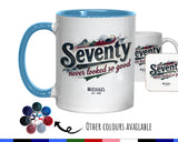 70th Birthday Gift for Men - Personalised Coffee Mug Coaster 70 Retro Vintage Design - Gift for Him Seventy Never Looked So Good BGB70