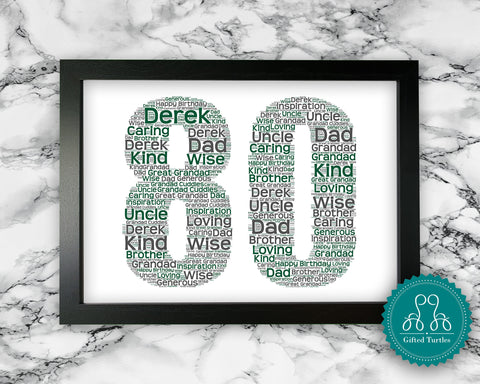 Personalised 80th Birthday Eighty Birthday For Him Male Grandad Gift Word Art Wall Room Decor Prints GC1513