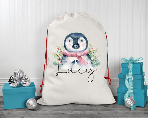 Personalised Large Christmas Penguin Sack Name Xmas Stocking Gift Stocking Sack Red Drawstring Special Delivery Christmas Decoration SK013
