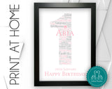 Personalised PRINTABLE 1st Birthday Gifts Word Art Wall Print - For Girls Gifts Wall Decor Custom Word Cloud Digital Download DDSC0193