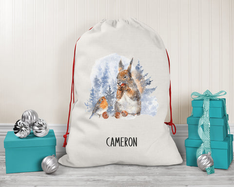 Personalised Large Christmas Sack Robin and Squirrel Design Xmas Stocking Gift Rudolph Sack Red Drawstring Christmas Decoration SK073