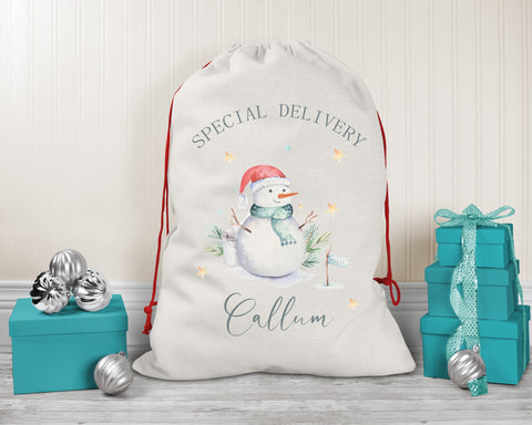 Personalised Large Christmas Sack Xmas Snowman Name Stocking Gift Girls Boys Sack Red Drawstring Christmas Decoration SK164