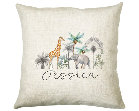 Personalised Elephant Giraffe Cushion Gift - Printed Name Design Safari Cushion Throw Pillow Gift Boy Girl Kids Bedroom Birthday Gift CS181