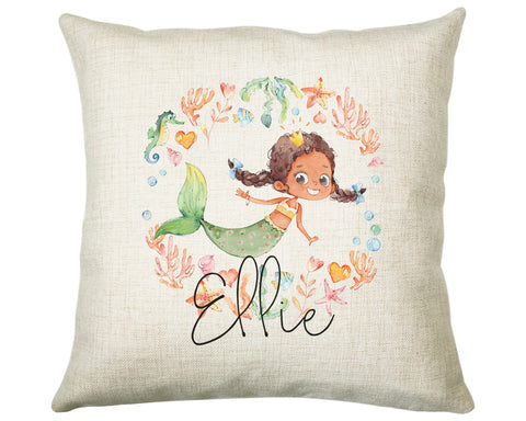 Personalised Brunette Mermaid Cushion Gift Printed Name Design - Throw Pillow Gift For Girls Nursery Bedroom Birthday Christmas Gift CS200