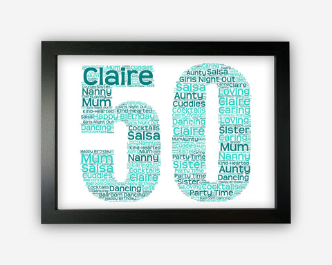 Personalised 50th Birthday Fifty Birthday Gift Word Art Wall Room Decor Prints GC0006