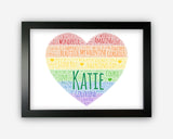 Personalised Rainbow Love Heart LGBT Gay Pride Gift Word Art Wall Room Decor Prints GC1338